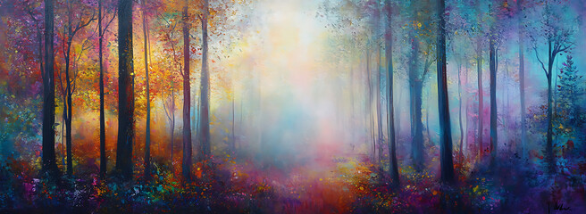 Naklejka premium Enchanted Misty Forest Bathed in Morning Light,Lush Vibrant Forest Scene with Soft Morning Mist