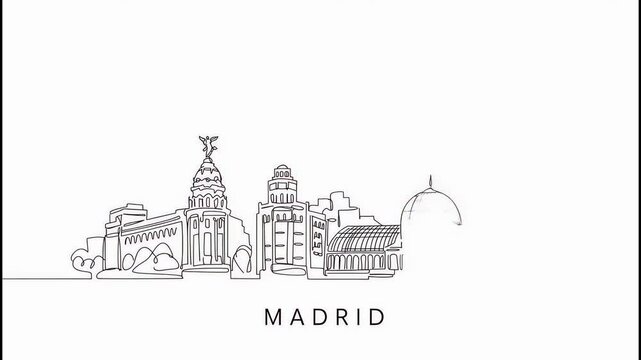 Animated Drawing of Madrid, Spain Skyline. Continuous Single Line Art Reveal on White Background. 4K.