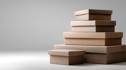 Stacked Cardboard Boxes: A studio shot showcases a stack of assorted, precisely arranged cardboard boxes. The neutral palette emphasizes the clean lines and conveys notions of storage, moving.