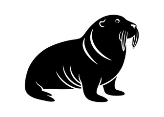 A striking black vector silhouette of a walrus is isolated against a clean white background, ideal for graphic design and wildlife projects.