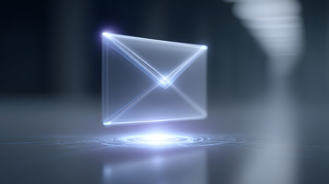 Futuristic Mail Icon: A luminous, geometric envelope hovers with a futuristic glow, embodying digital communication and technological advancement.