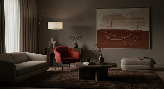 Minimalist living room with bold red accent chair