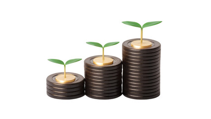 Stacks of coins with plants growing representing investment growth on transparent background