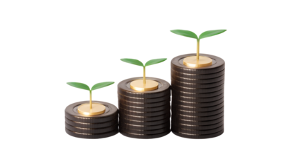 Stacks of coins with plants growing representing investment growth on transparent background