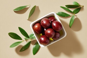 Square bowl of dark red olives in olive oil, surrounded by olive leaves on a beige background, lit by sunlight