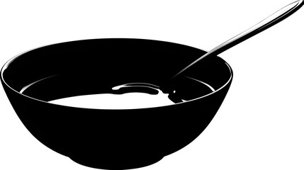 Black filled silhouette of a tomato soup bowl with spoon, transparent background