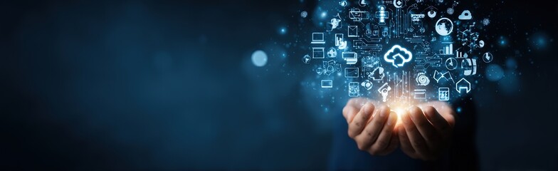 Obraz premium Hands holding digital technology innovation and networking concept