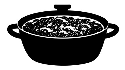 Black silhouette icon of a casserole dish with topping texture, white background