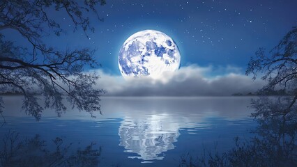 Fototapeta premium Moonlight reflects on calm water surrounded by dark trees at midnight
