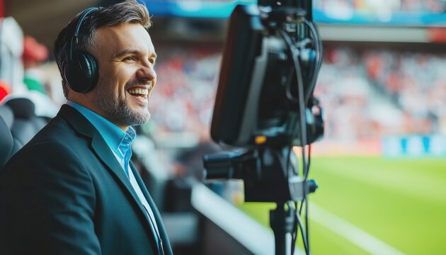 A commentator in a suit smiles while using headphones in a stadium, providing analysis during a live sports event. The atmosphere is vibrant with fans in the background.
