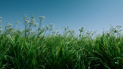Green Grass and Blue Sky: A tranquil scene of lush, green grass swaying gently against a vibrant, cloudless blue sky, capturing the essence of nature's harmony and serenity.
