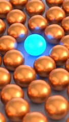 Single blue sphere amidst many gold spheres