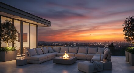 Fototapeta premium Luxury Rooftop Terrace at Sunset with Fire Pit and City View