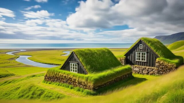 Traditional icelandic turf houses blend harmoniously with the lush green landscape, offering a glimpse into sustainable architecture and serene rural life