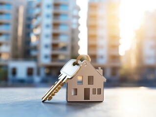 A golden key rests next to a small house-shaped pendant. The backdrop features blurred high-rise buildings illuminated by warm sunlight, evoking a sense of opportunity and hope.