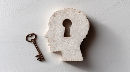 Creative top view of a head-shaped sculpture with a keyhole and vintage key on white background symbolizing access to the mind, mental health insight and psychological therapy