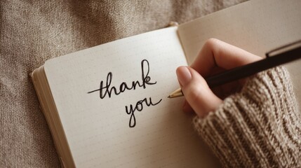 Close-up of hand writing “thank you” in journal with cozy sweater sleeve symbolizing gratitude, self-reflection and healing practices for World Mental Health Day content