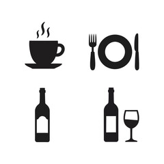 Food and Drink Icons Set, Hot Coffee, Dinner Plate, Wine Bottle, Meal Symbol