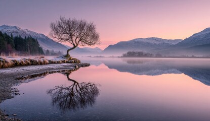 Serene dawn scene a snow-dusted, leafless tree bends over a tranquil lake, its reflection mirroring the pastel sunrise hues illuminating snow-capped mountains in the background
