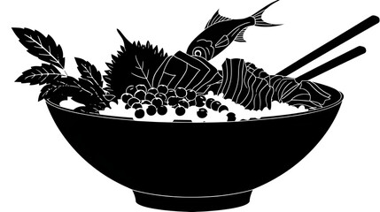 Black silhouette of a poke bowl with rice and fish, isolated on transparent background