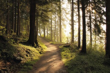 Sunlight Filters Through Tall Trees Illuminating a Winding Forest Trail Inviting a Peaceful Hike and Nature Exploration Adventure