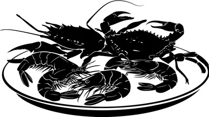 Black silhouette of a seafood platter with crab and shrimp, isolated on white background