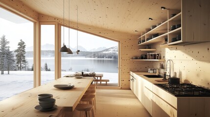 A modern, minimalist kitchen with expansive lake and mountain views, crafted from light wood.  The design features a long wooden island, open shelving, and large windows