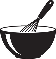 Black silhouette of a whisk mixing ingredients in a bowl on a white background