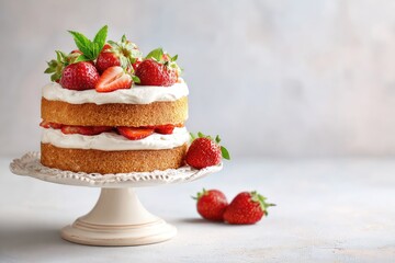 Two-layered sponge cake, adorned with fresh strawberries and whipped cream, sits on a white cake stand against a muted backdrop