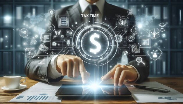 Business person interacting with digital tax time interface using tablet in futuristic office environment with finance and time management icons.