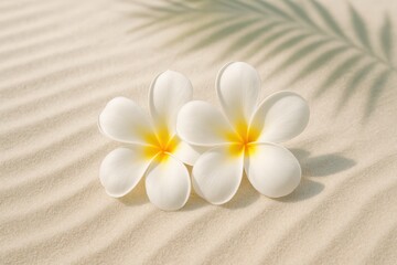 Naklejka premium Two elegant white frangipani flowers with yellow centers on soft rippled sand.