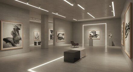 Modern Art Gallery Interior with Abstract Paintings and Contemporary Design