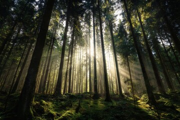 Sunbeams filtering through tall pine trees in a dense forest creating a magical atmosphere with rays of light illuminating the undergrowth and a sense of peaceful tranquility