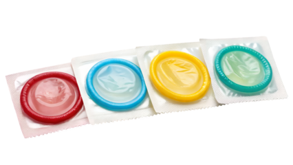Four colorful condoms in their wrappers arranged in a straight line on transparent background