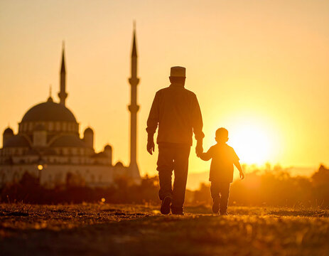silhouette of father and son walking against the backdrop of the mosque and evening light