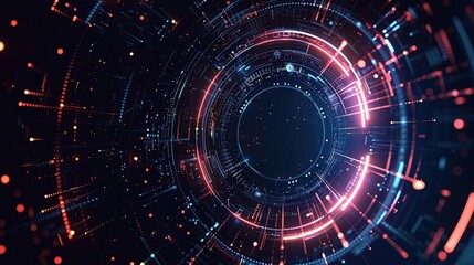 Abstract circular loading animation with segmented color transitions, holographic effect, dark background with particle dots, futuristic HUD style