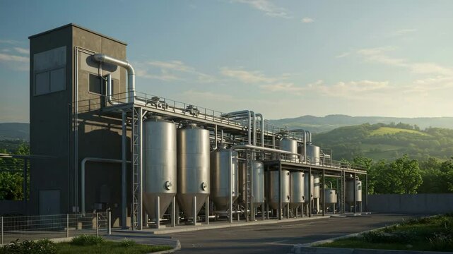 Exterior of a modern brewery complex with shiny metal tanks and nature backdrop. Industrial structure and clean design. Great for business, production, and drink visuals.