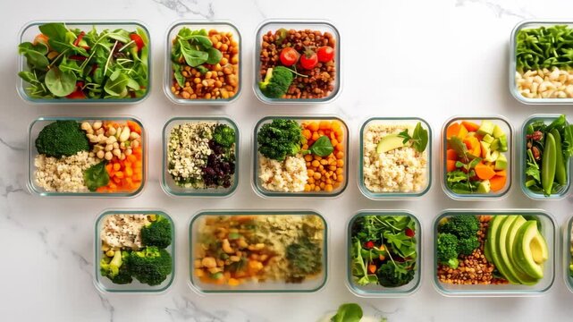 Colorful healthy food arranged in clear containers ready for meal prepping and eating