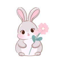 bunny with flower, cute bunny, kawaii bunny, cartoon bunny illustration flat bunny character clipart
