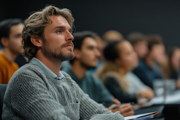 New generation of entrepreneurs in a business marketing class, group of young businessmen learning and taking notes from a successful entrepreneur, Generative AI