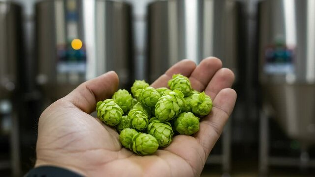 Close-up of a hand holding fresh hops in natural light. Soft focus brewery background. Perfect for brewing, craft beer, and ingredient visuals. No face, single hand.