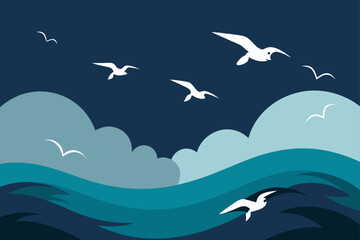 seagulls circling above stormy sea