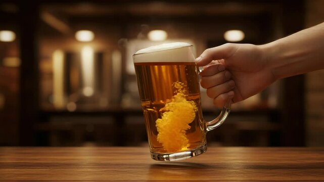 Close-up of a hand lifting a beer mug in a warm pub setting. Realistic textures, cozy mood, and no visible face. Perfect for beverage, bar, and celebration themes.