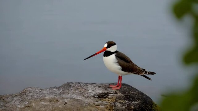Pied avocet perched on rock by the water