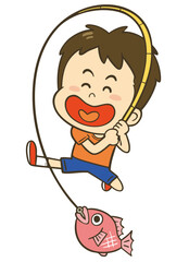 笑顔で魚を釣り上げる笑顔の男の子のイラスト