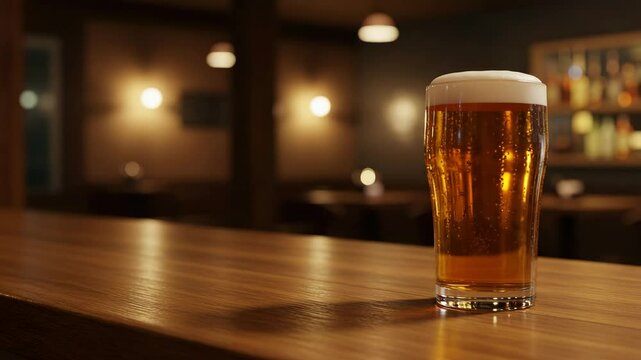 Beer glass in a dimly lit cozy bar, warm reflections and soft focus background. Atmospheric and realistic. Ideal for nightlife and beverage visuals. No visible people.