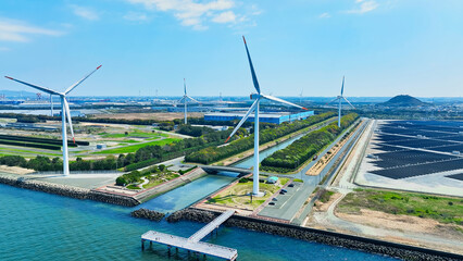 Aerial view of wind turbines at a wind power plant