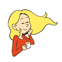コーヒーを片手に、風に吹かれながらくつろぐ女性のイラストレーション。