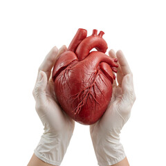 A symbol of life held with care an anatomical human heart presented with gloved hands on transparent background