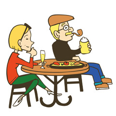 テラスで食事をしながらくつろぐシニア夫婦のイラスト。笑顔で遠くを眺めている二人。